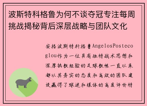 波斯特科格鲁为何不谈夺冠专注每周挑战揭秘背后深层战略与团队文化