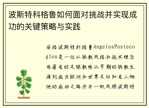 波斯特科格鲁如何面对挑战并实现成功的关键策略与实践 波斯特科格鲁如何面对挑战并实现成功的关键策略与实践